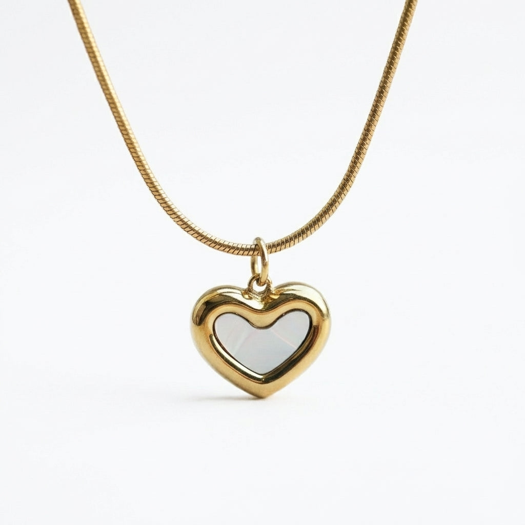 Lănțișor Inox Snake Auriu cu Pandantiv Inimă Sidef - Romantic - Hipoalergenic