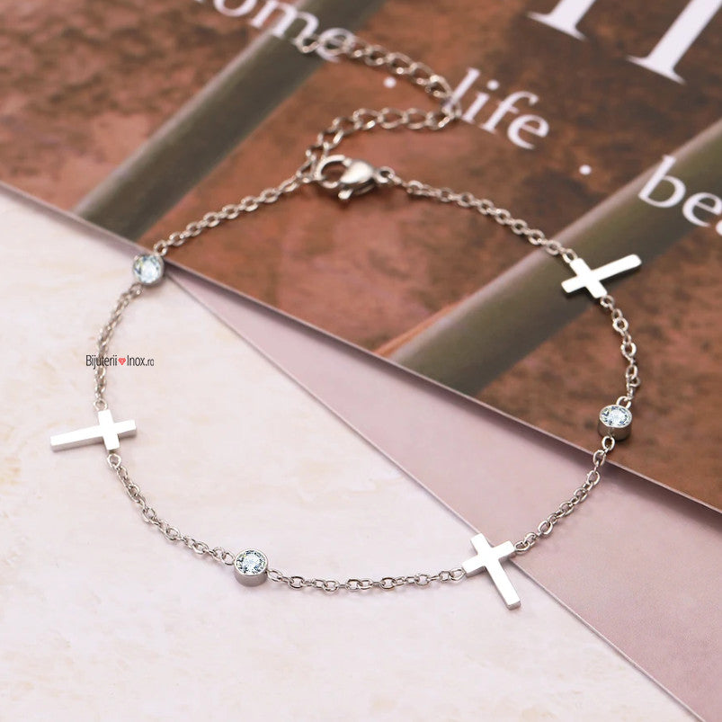 Brățară Cruciulițe & Zirconiu Oțel Inoxidabil 2mm - Hipoalergenică - BF937