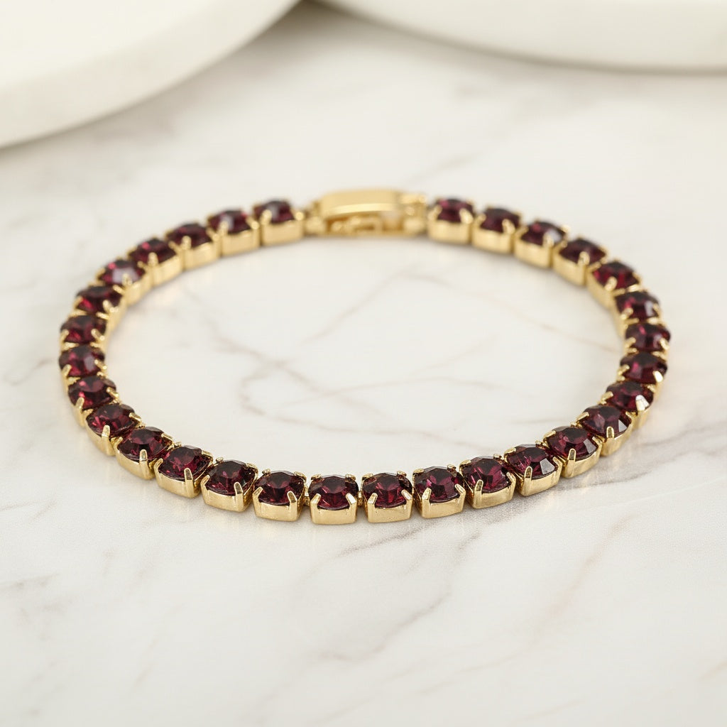 Brățară Tennis din Inox cu Pietre Bordeaux 4mm Oțel Inoxidabil Auriu - Hipoalergenică - BF1186