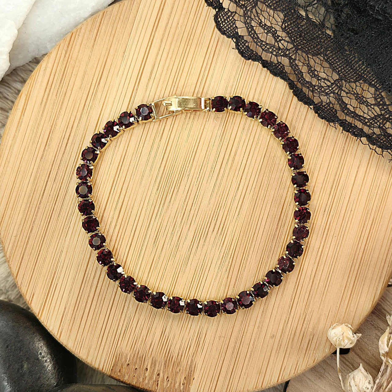 Brățară Tennis din Inox cu Pietre Bordeaux 4mm Oțel Inoxidabil Auriu - Hipoalergenică - BF1186