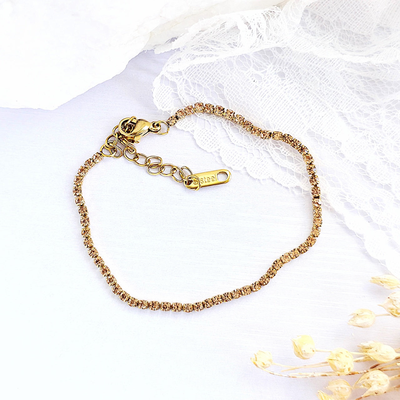 Brățară Tennis din Inox cu Pietre Crem 2mm Oțel Inoxidabil Auriu - Hipoalergenică - BF1178