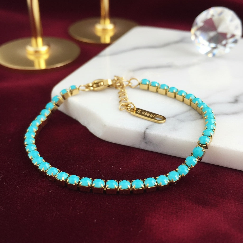 Brățară Tennis din Inox cu Pietre Mate Turcoaz Summer Time Oțel Inoxidabil Auriu - Hipoalergenică - BF1167