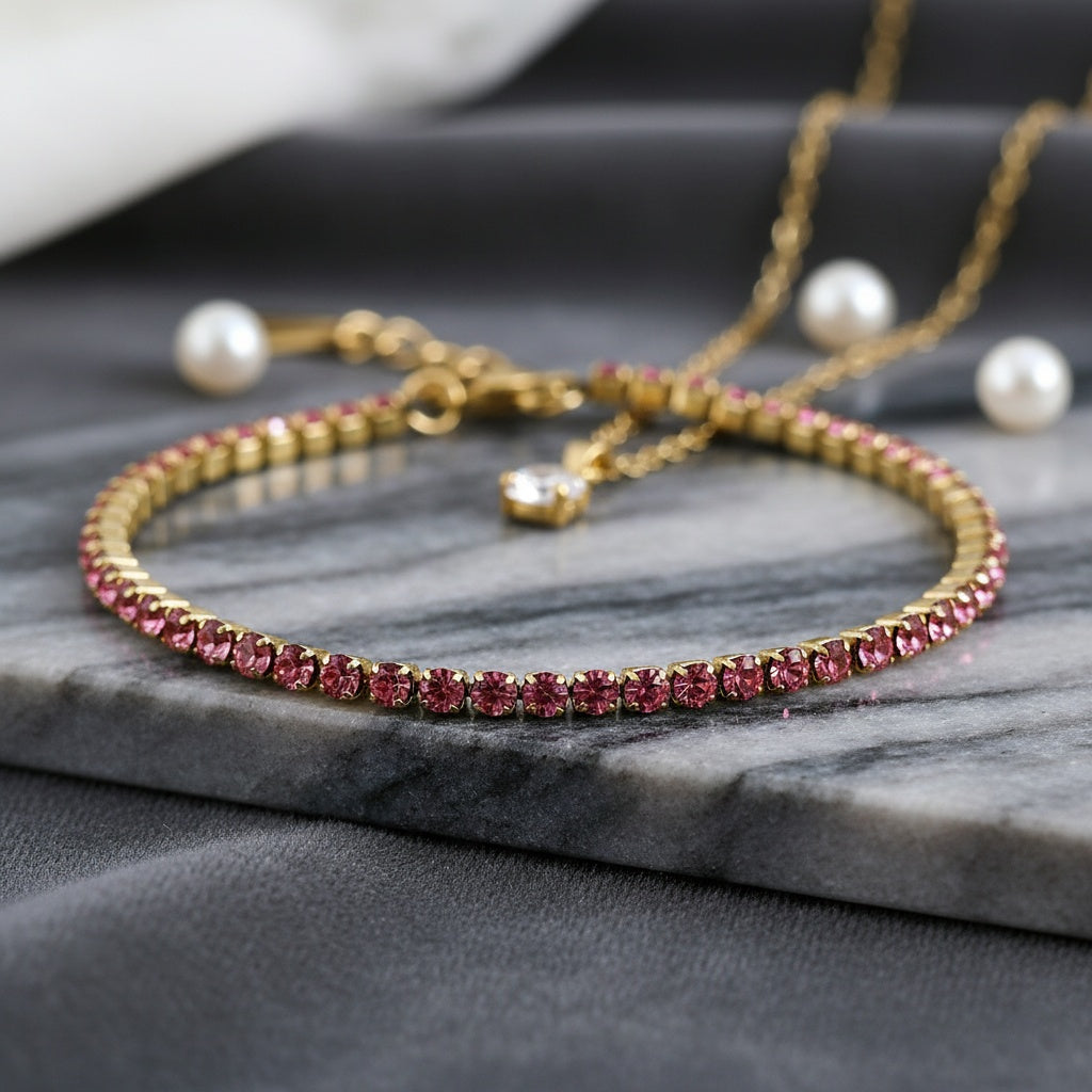 Brățară Tennis din Inox cu Pietre Roz 2mm Oțel Inoxidabil Auriu - BF1141 - Hipoalergenică