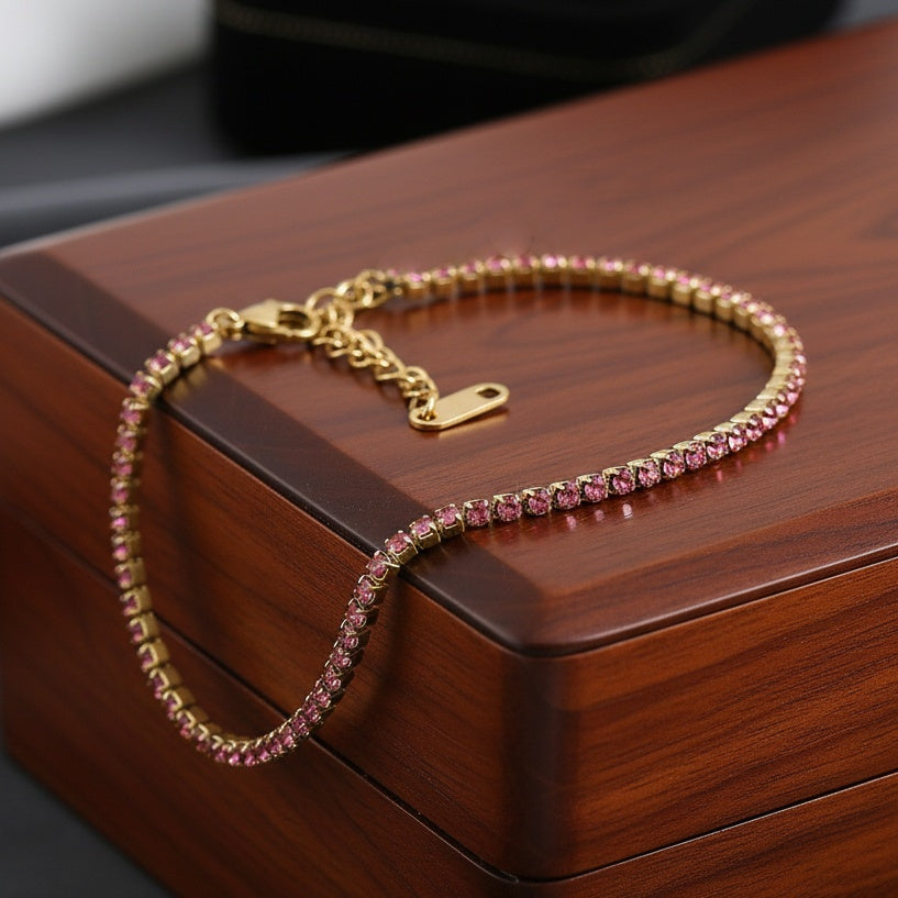 Brățară Tennis din Inox cu Pietre Roz 2mm Oțel Inoxidabil Auriu - BF1141 - Hipoalergenică