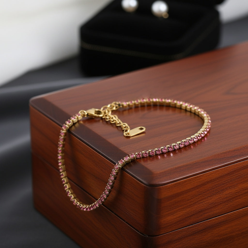 Brățară Tennis din Inox cu Pietre Roz 2mm Oțel Inoxidabil Auriu - BF1141 - Hipoalergenică