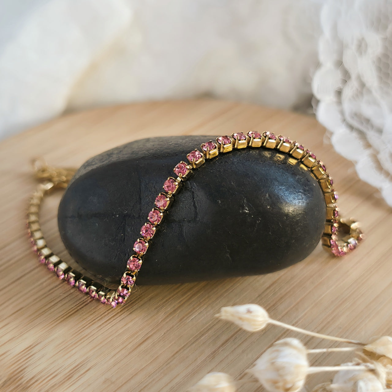 Brățară Tennis din Inox cu Pietre Roz 2mm Oțel Inoxidabil Auriu - BF1141 - Hipoalergenică