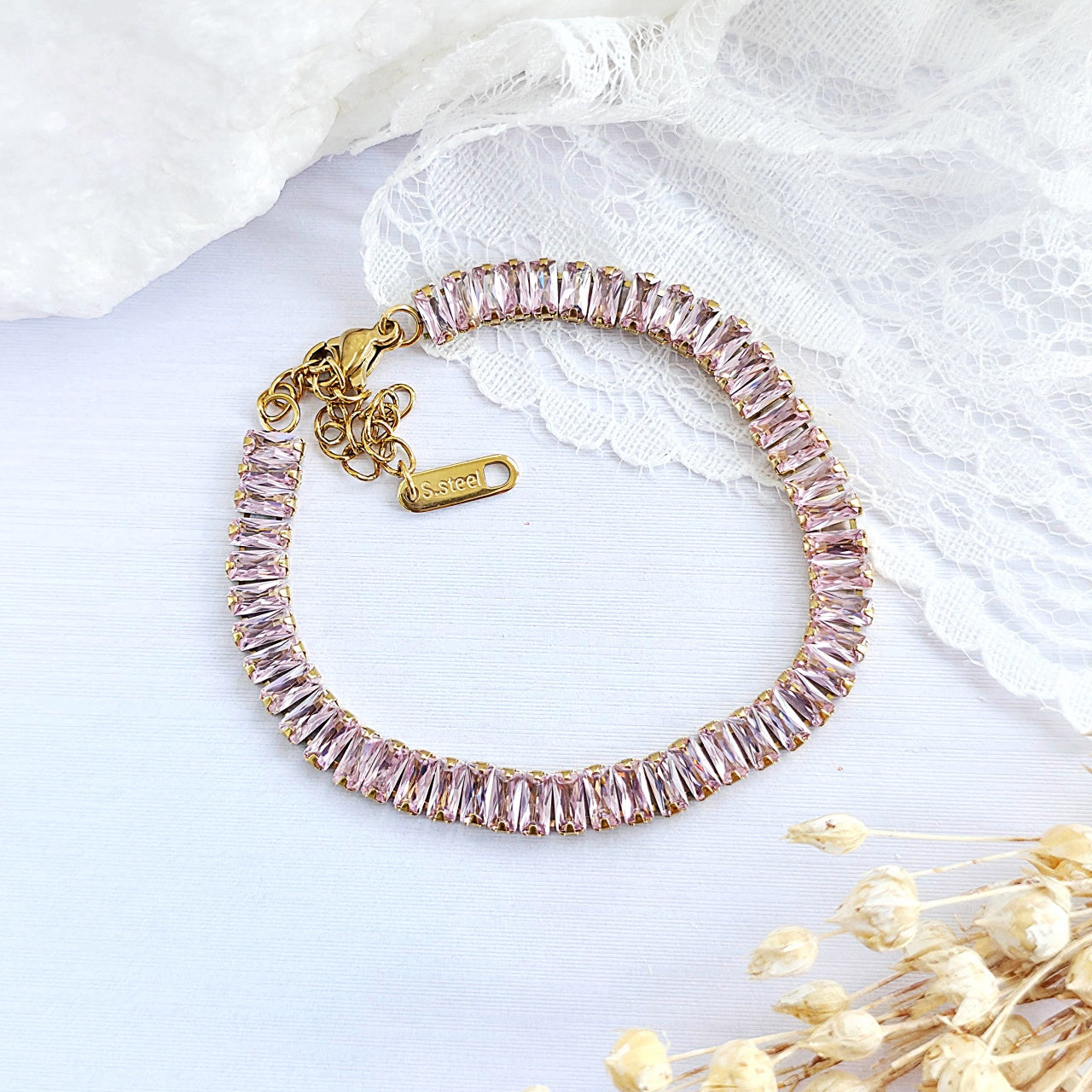 Brățară Tennis din Inox cu Pietre Roz 6mm Oțel Inoxidabil Auriu - Hipoalergenică - BF1166