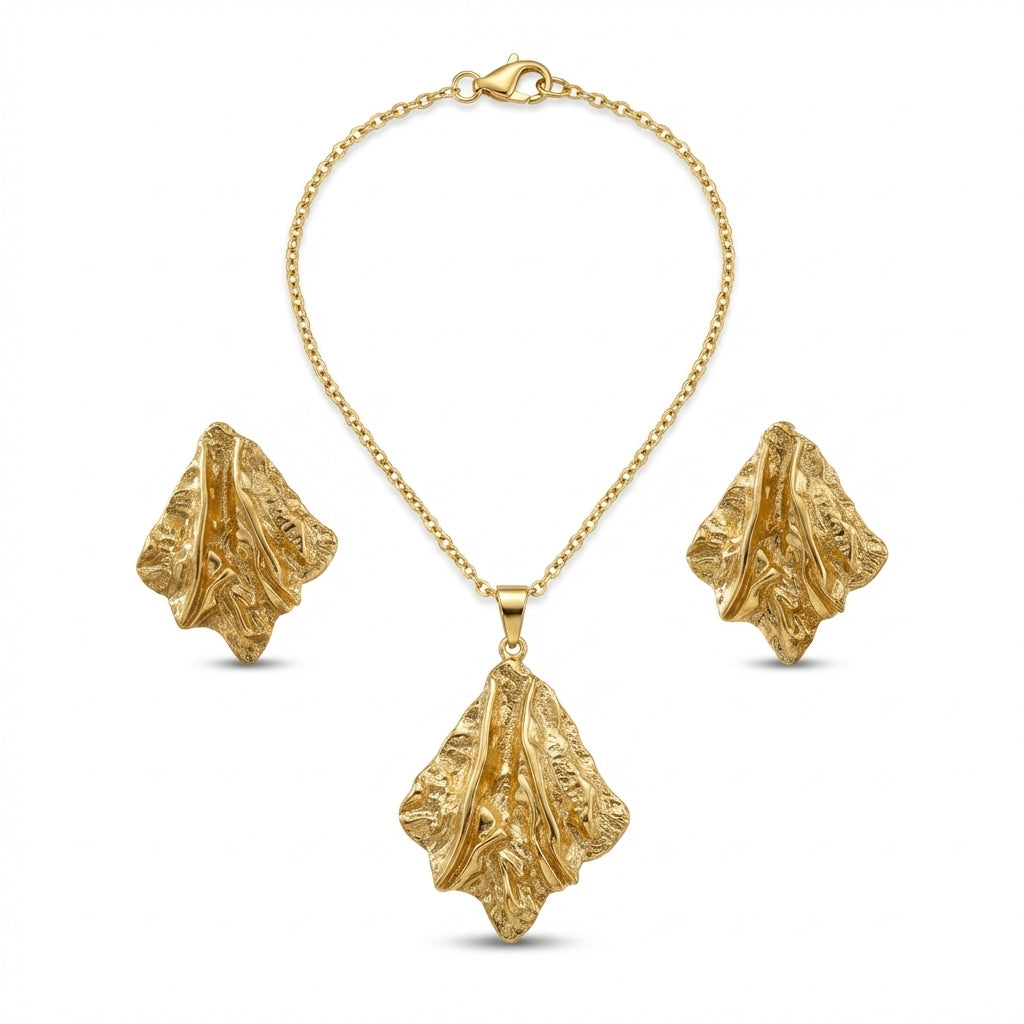 Set Lănțișor și Cercei Inox Auriu Frunză Hammered - Artizanal - Hipoalergenic