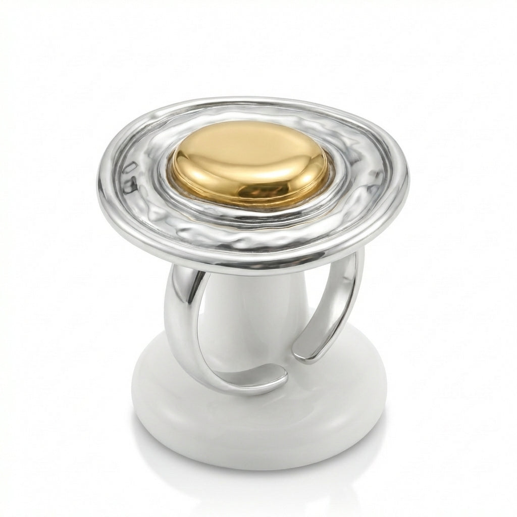 Inel Oval texturat bicolor Oțel Inoxidabil Bicolor Placat Aur 18K PVD - Hipoalergenic - IND1610