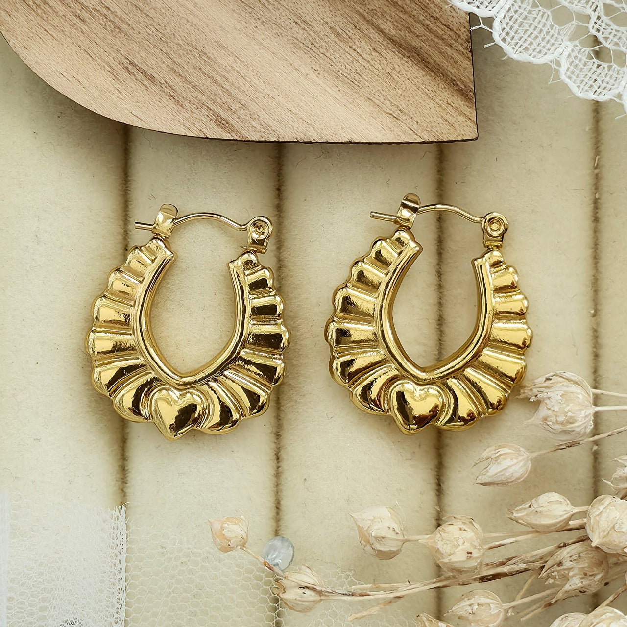 Cercei Creolă evantai inimă din Oțel Inoxidabil - Hipoalergenici