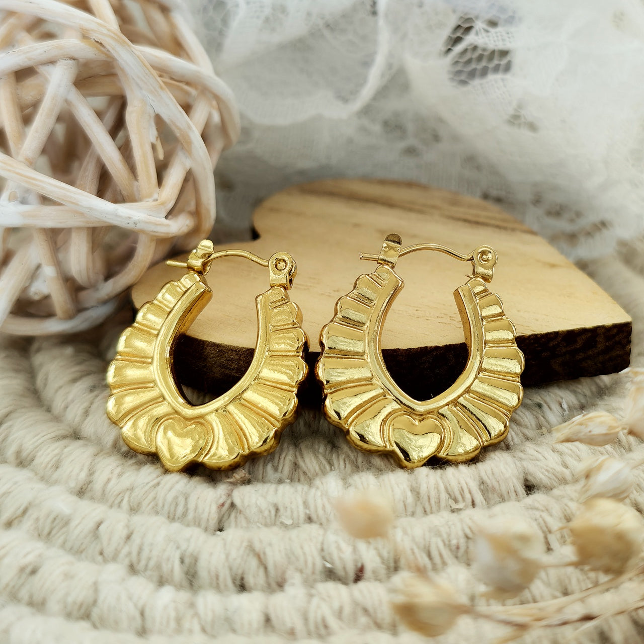 Cercei Creolă evantai inimă din Oțel Inoxidabil - Hipoalergenici - CM1882