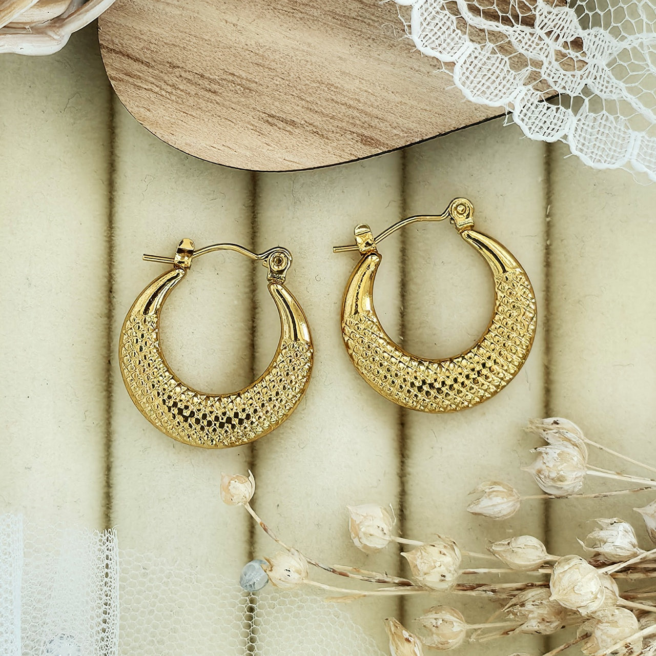 Cercei Creolă texturată din Oțel Inoxidabil - Hipoalergenici