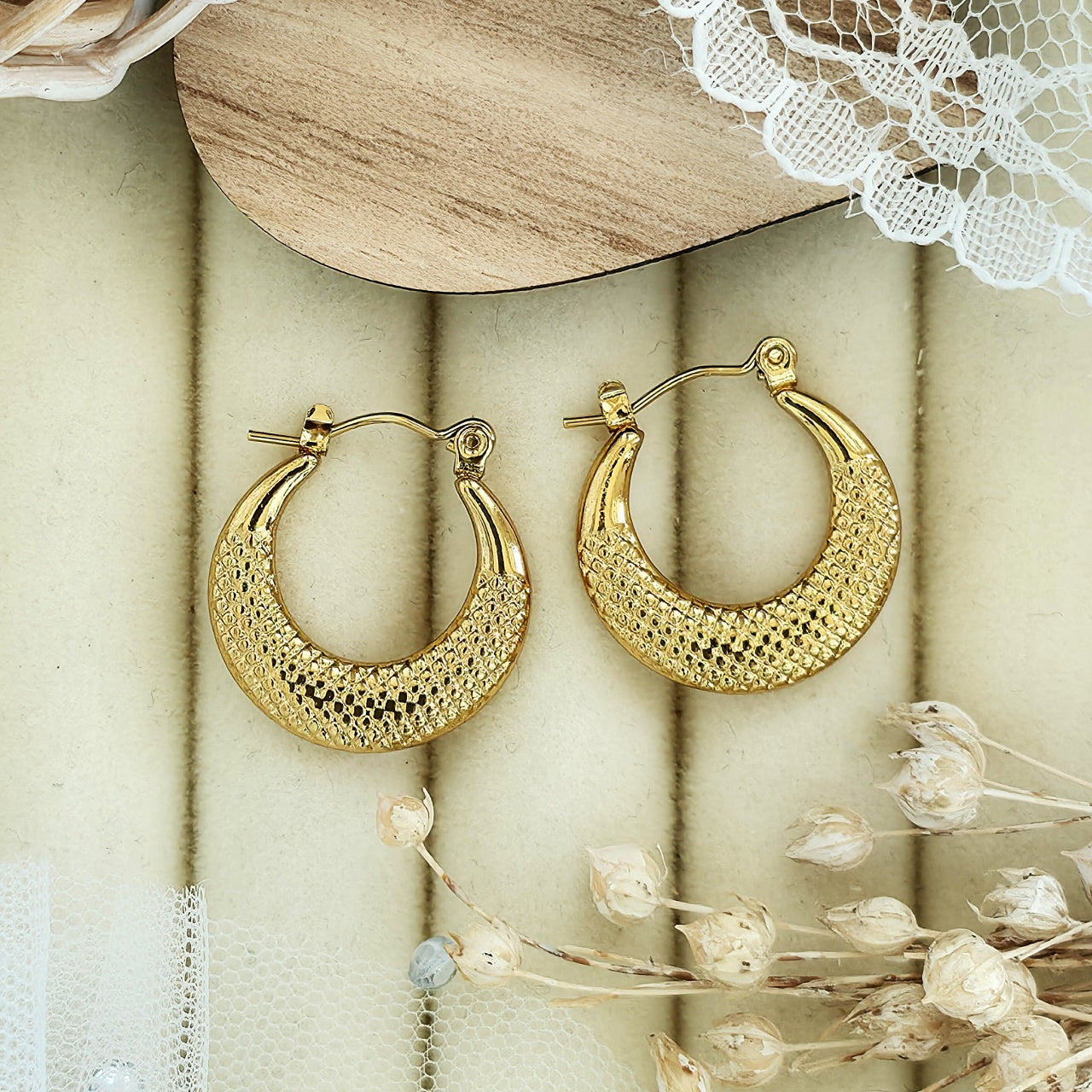 Cercei Creolă texturată din Oțel Inoxidabil - Hipoalergenici