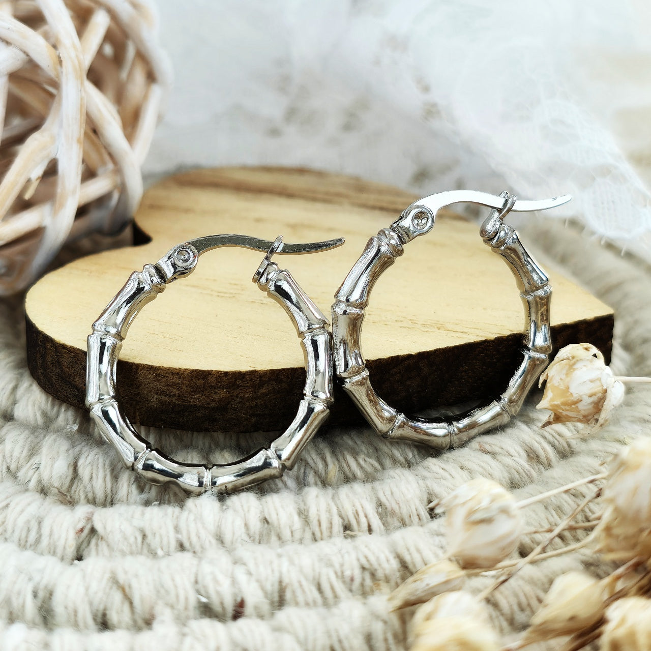 Cercei Creolă bambus din Oțel Inoxidabil - Hipoalergenici