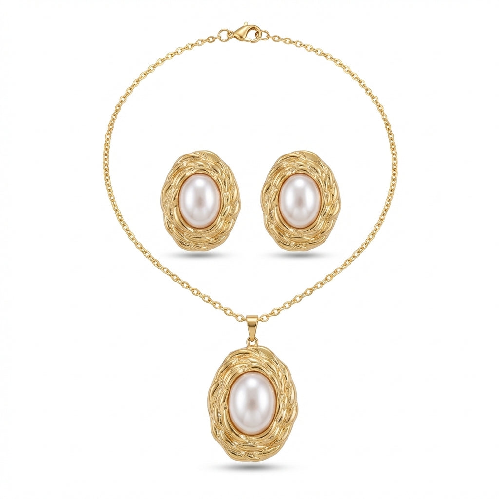 Set Lănțișor și Cercei Inox Auriu cu Pandantiv Perlă Ovală - Clasic - Hipoalergenic