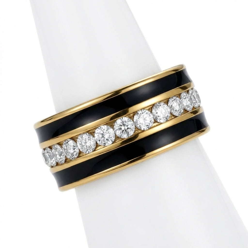 Inel Bandă emailată negru cu Zirconiu Cubic Inox Bicolor Placat Aur 18K PVD - Hipoalergenic - IND1637