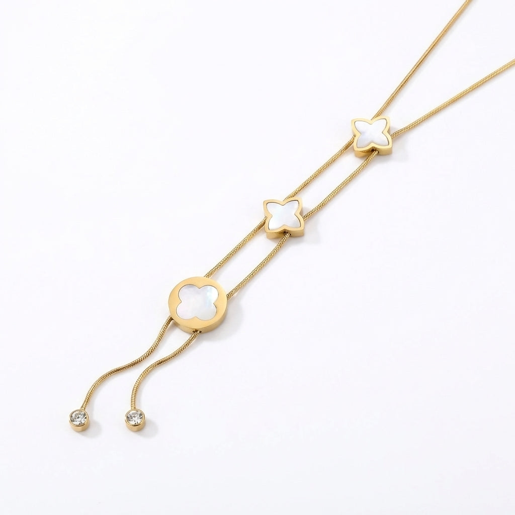 Lănțișor Inox Snake Auriu cu Motive Florale Sidef Lariat - Statement - Hipoalergenic