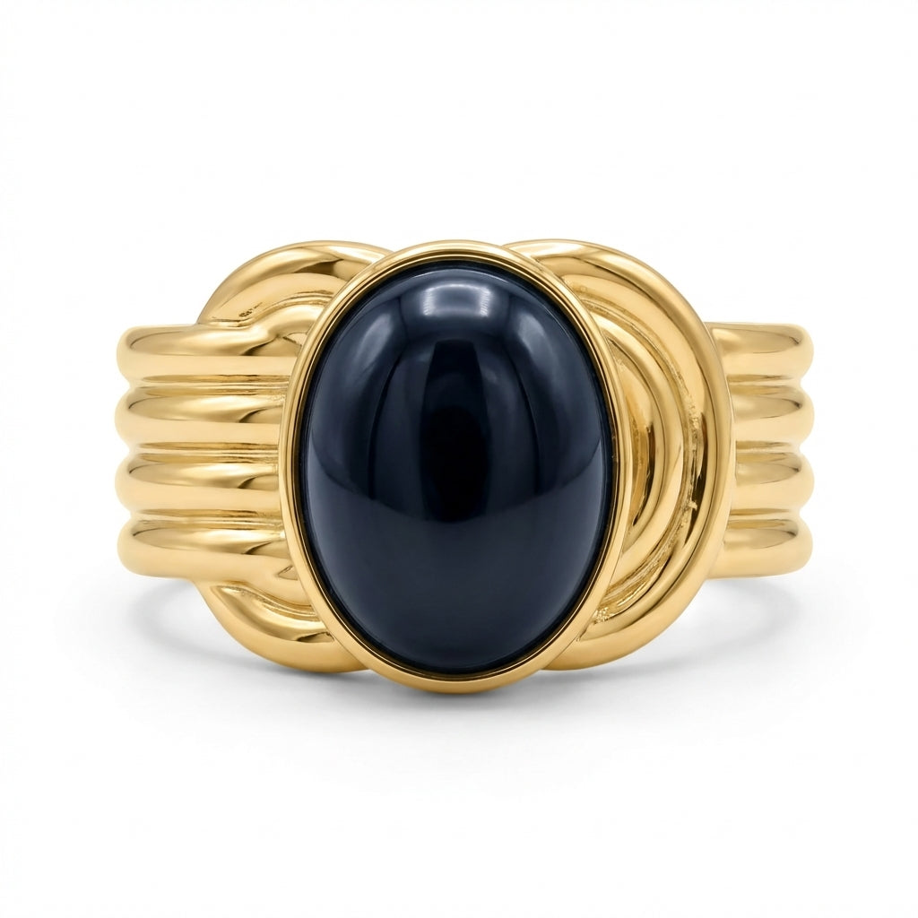 Inel cabochon negru Oțel Inoxidabil Placat Aur 18K PVD - Hipoalergenic - IND1655
