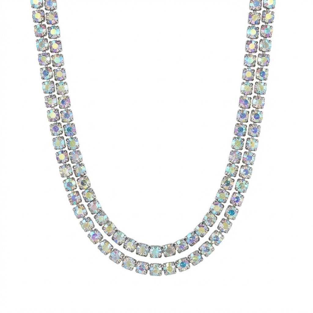 Colier Tennis Inox Argintiu Dublu cu Pietre Cameleon Aurora Borealis - Glamour - Hipoalergenic - LPD1497