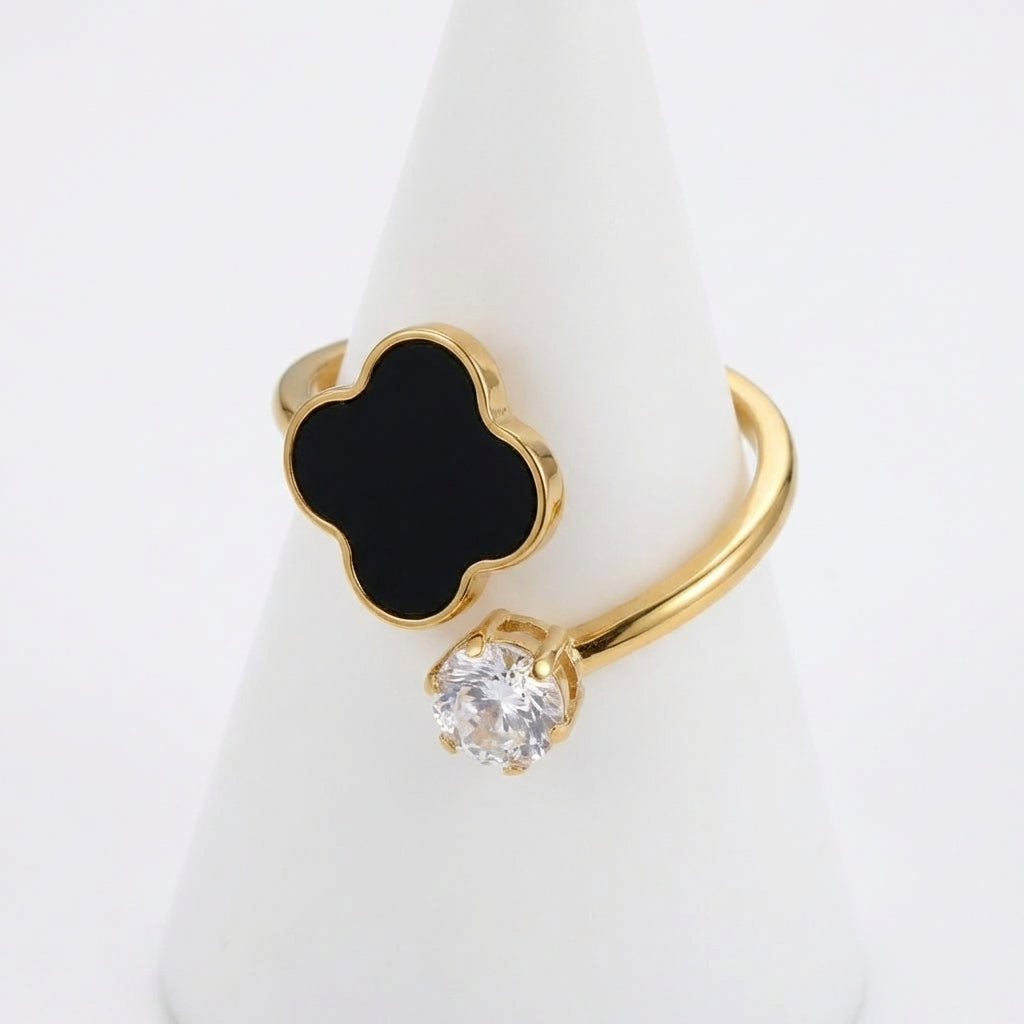 Inel Trifoi Alhambra negru și piatră cu Zirconiu Cubic Inox Bicolor Placat Aur 18K PVD - Hipoalergenic - IND1676