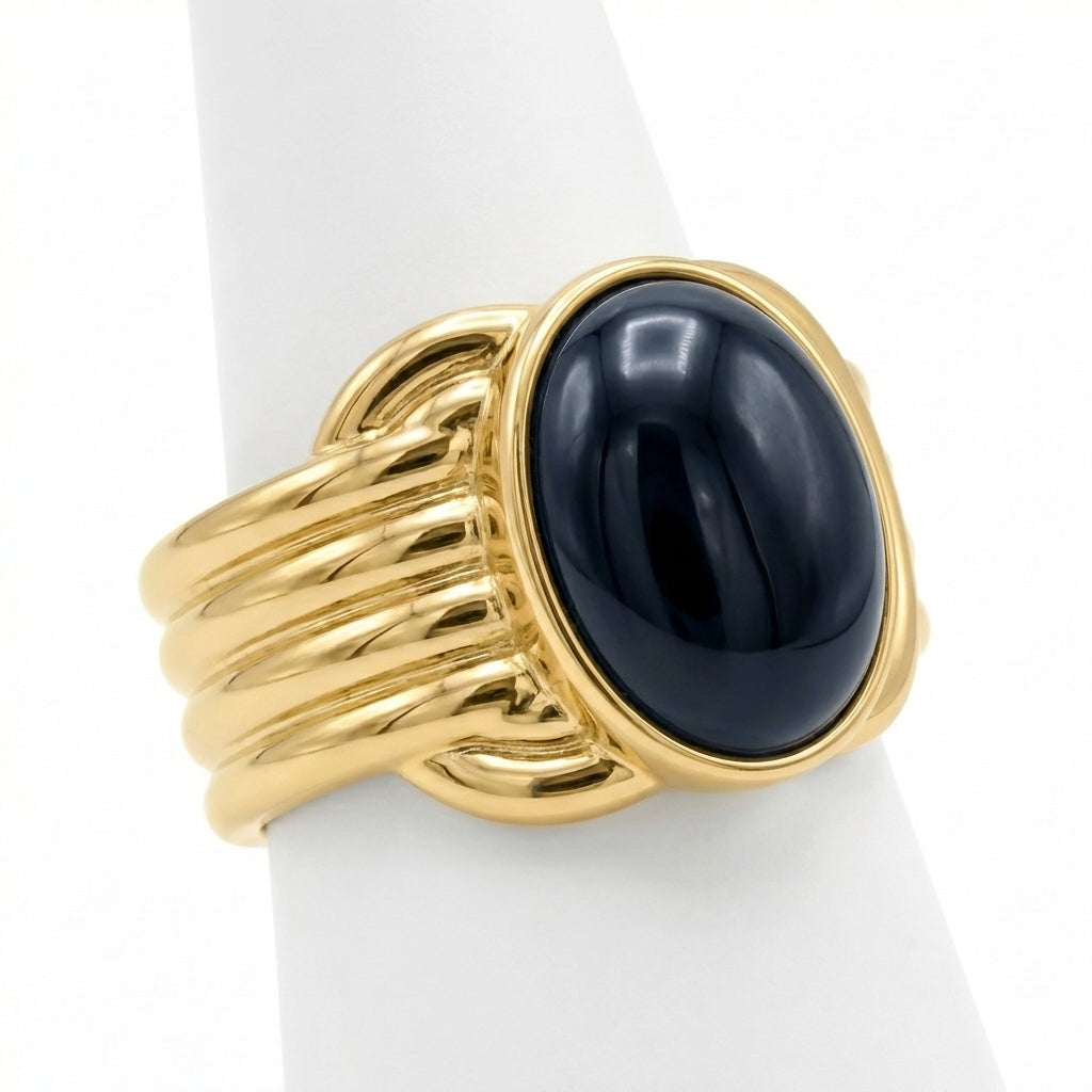 Inel cabochon negru Oțel Inoxidabil Placat Aur 18K PVD - Hipoalergenic - IND1655