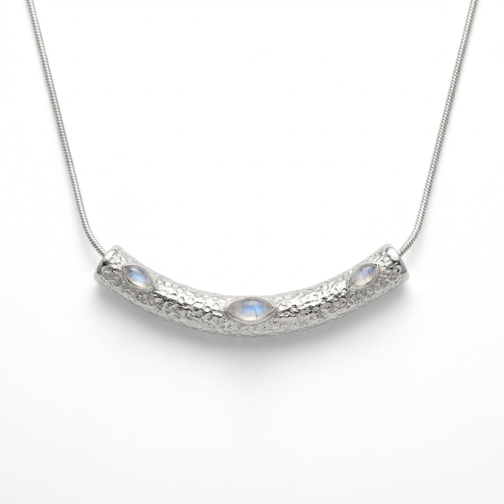 Lănțișor Inox Snake Argintiu cu Pandantiv Moonstone - Boho - Hipoalergenic