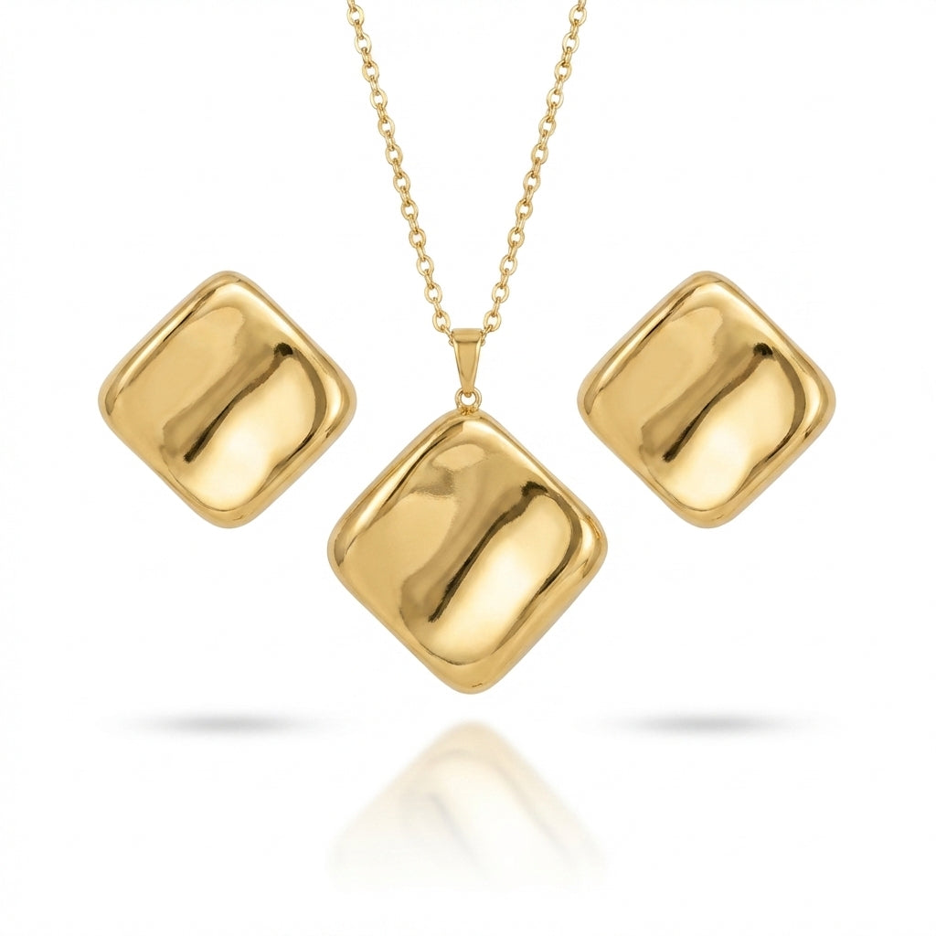 Set Lănțișor și Cercei Inox Auriu Romb Cushion Lucios - Minimalist Oțel Inoxidabil - LPD1488 45 cm - Hipoalergenici