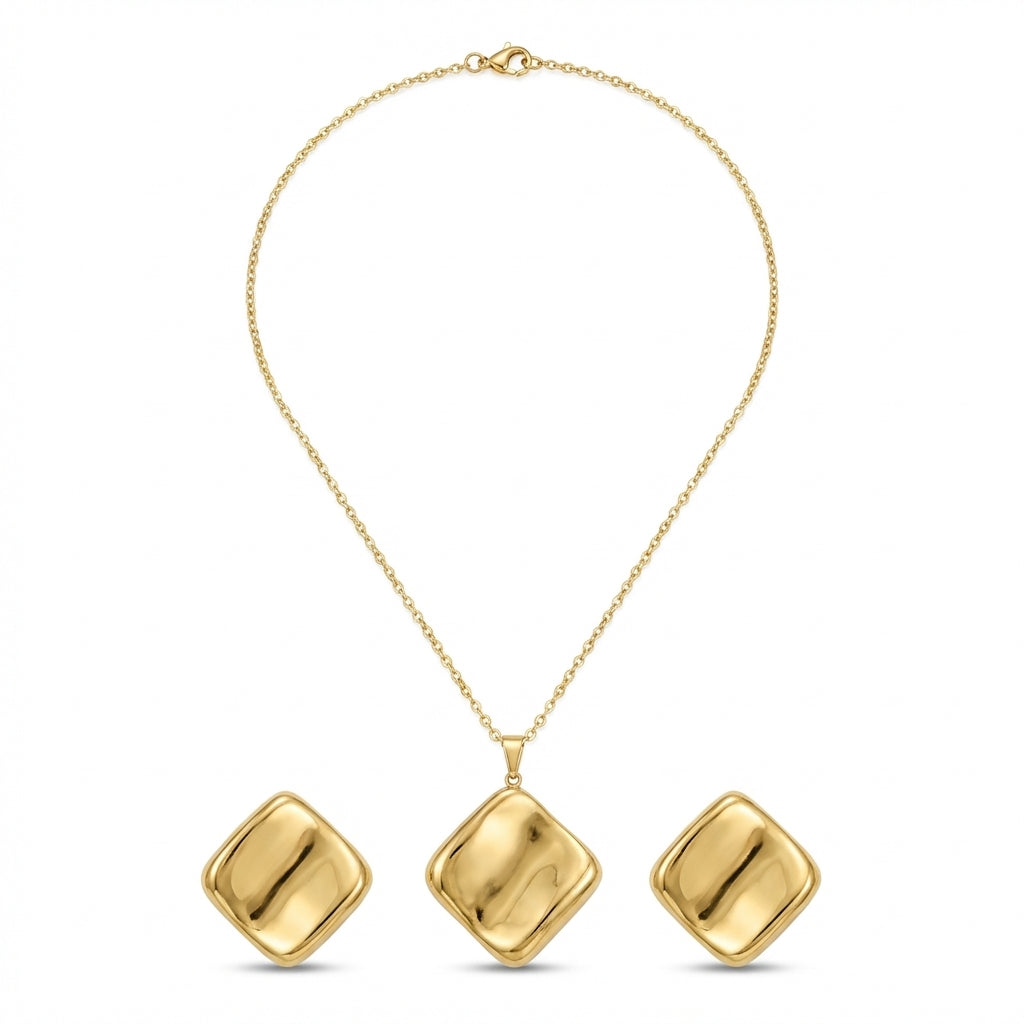 Set Lănțișor și Cercei Inox Auriu Romb Cushion Lucios - Minimalist - Hipoalergenic