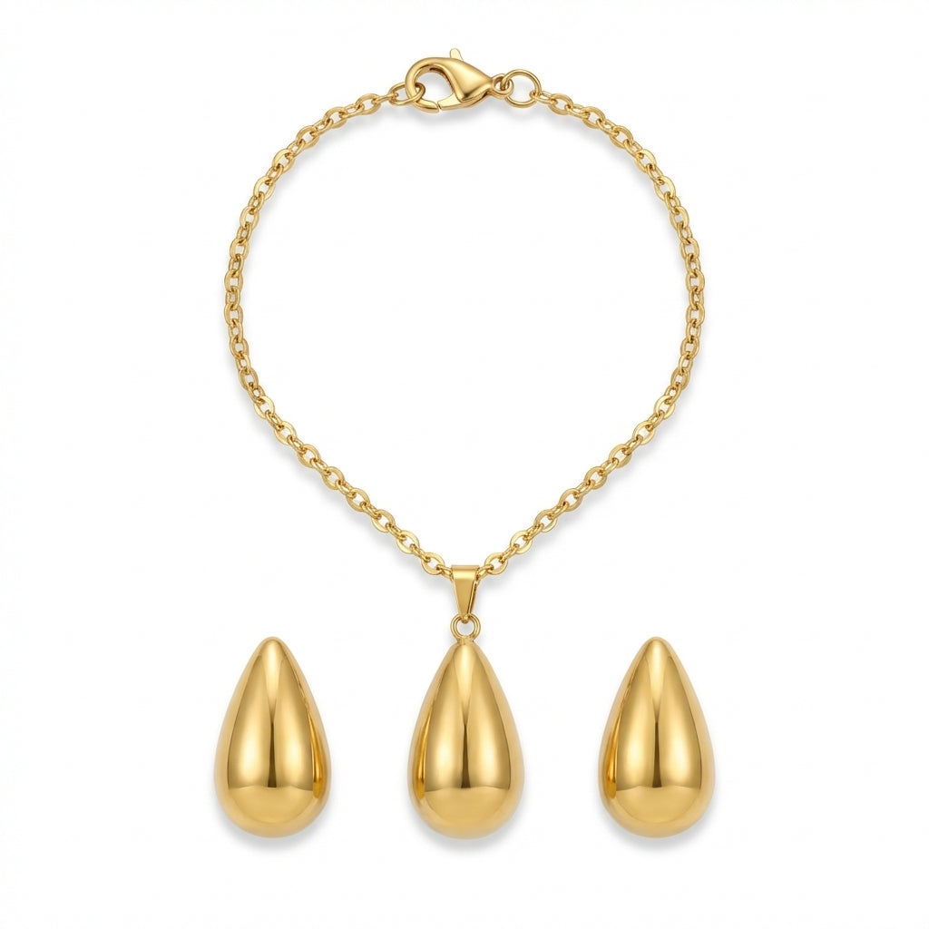 Set Lănțișor și Cercei Inox Auriu cu Pandantiv Picătură - Minimalist - Hipoalergenic
