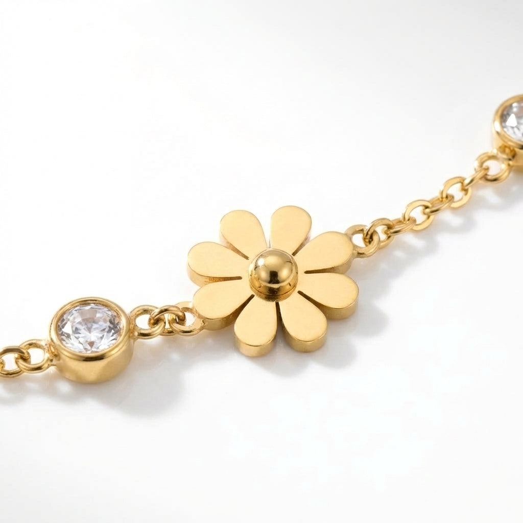 Brățară Flori Margarete și Zirconii Oțel Inoxidabil 16+3 cm - BF1172 - Placat Aur 18K PVD
