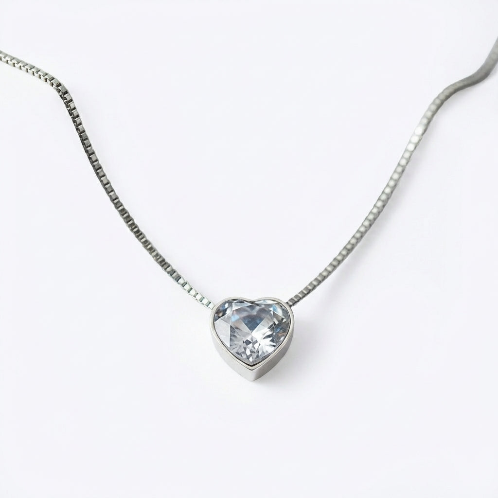 Lănțișor Inox Box Chain Argintiu cu Pandantiv Inimă Cristal - Elegant - Hipoalergenic