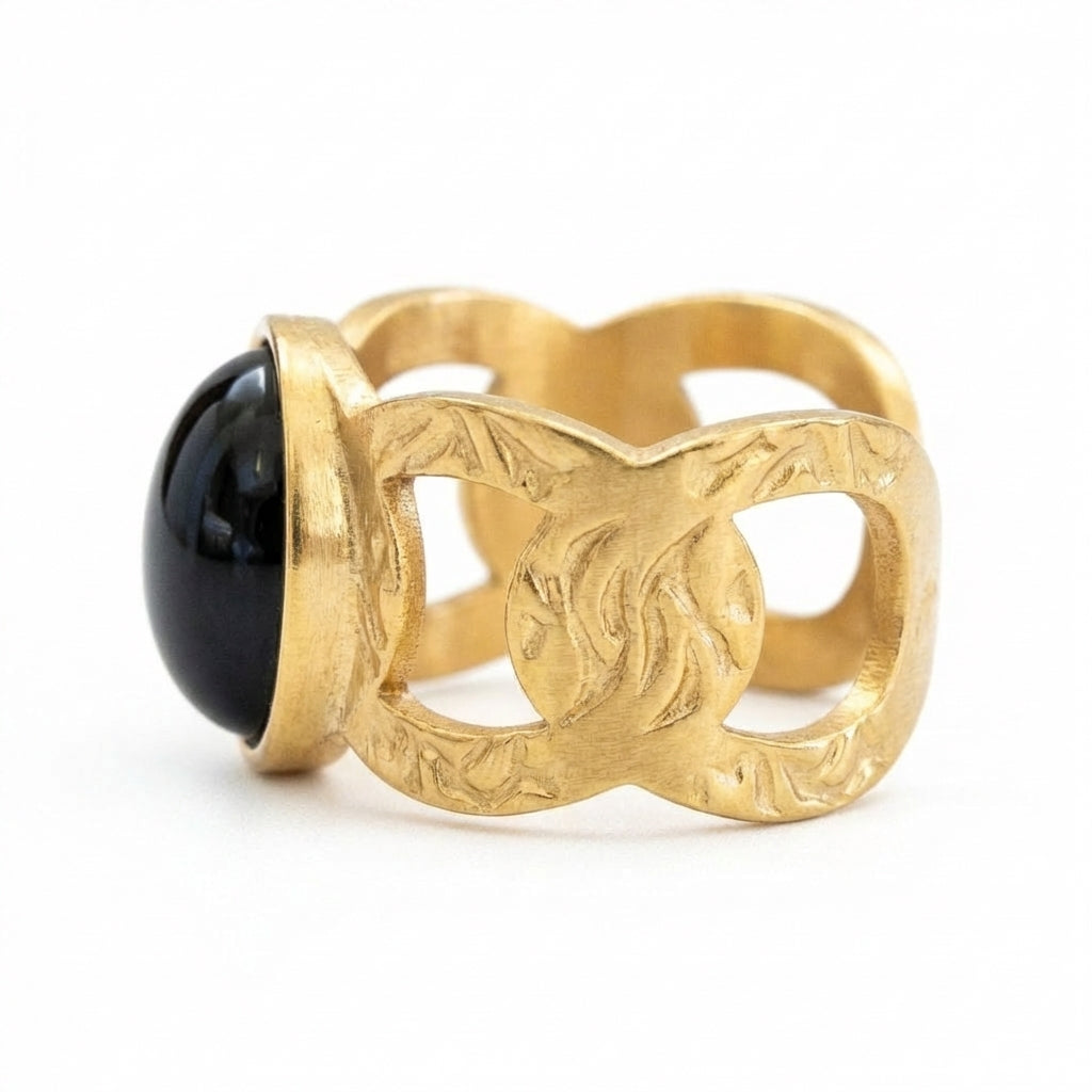 Inel Auriu, piatră neagră cu Zirconiu Cubic Inox Bicolor Placat Aur 18K PVD - Hipoalergenic - IND1687