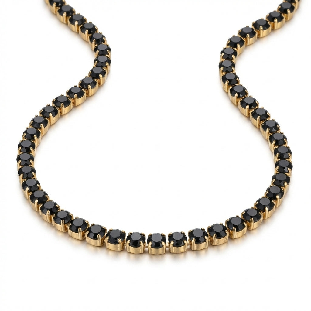 Colier Tennis Inox Auriu cu Pietre Negre 2mm - Elegant - Hipoalergenic