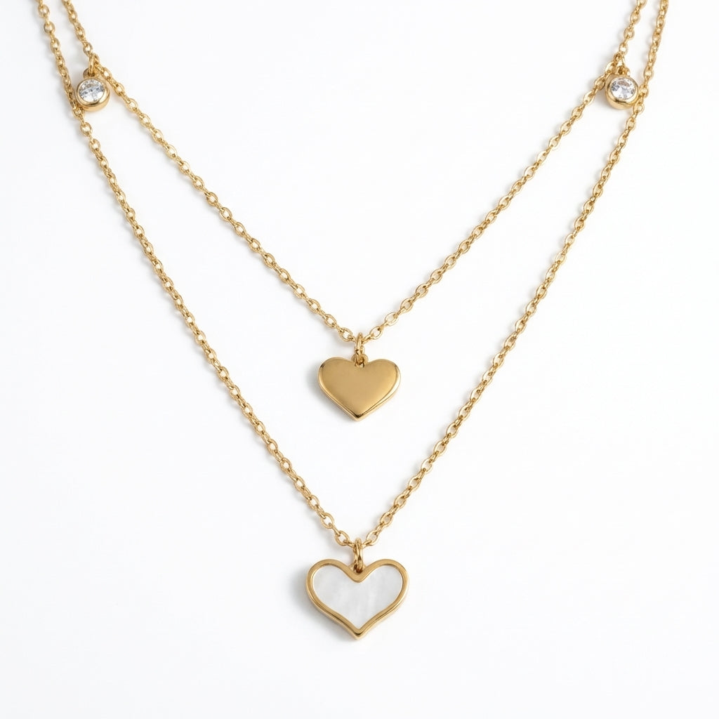 Colier Dublu Inox Auriu Layered cu Pandantiv Inimioare Sidef și Contur - Minimalist - Hipoalergenic