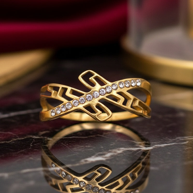 Inel Frunze stilizate cu zirconiu Oțel Inoxidabil Auriu - Hipoalergenic