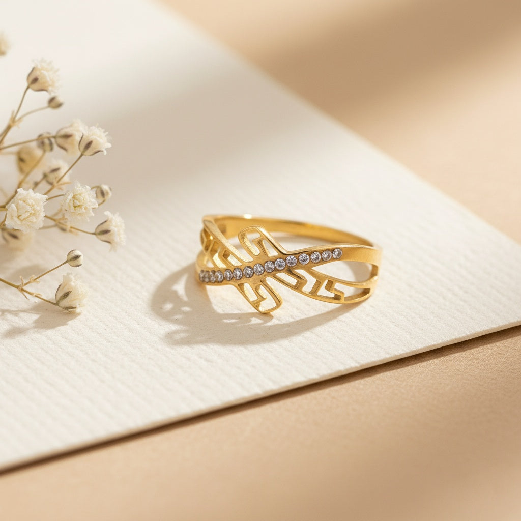 Inel Frunze stilizate cu zirconiu Oțel Inoxidabil Auriu - Hipoalergenic