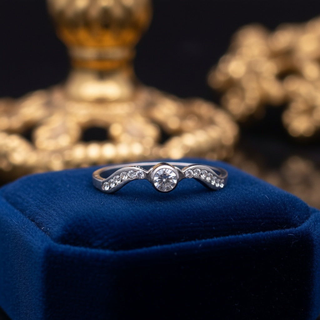 Inel Undă zirconiu, central zirconiu Oțel Inoxidabil Argintiu - Hipoalergenic