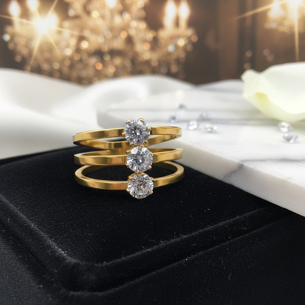 Inel Trei benzi zirconiu rotund Oțel Inoxidabil Auriu - Hipoalergenic