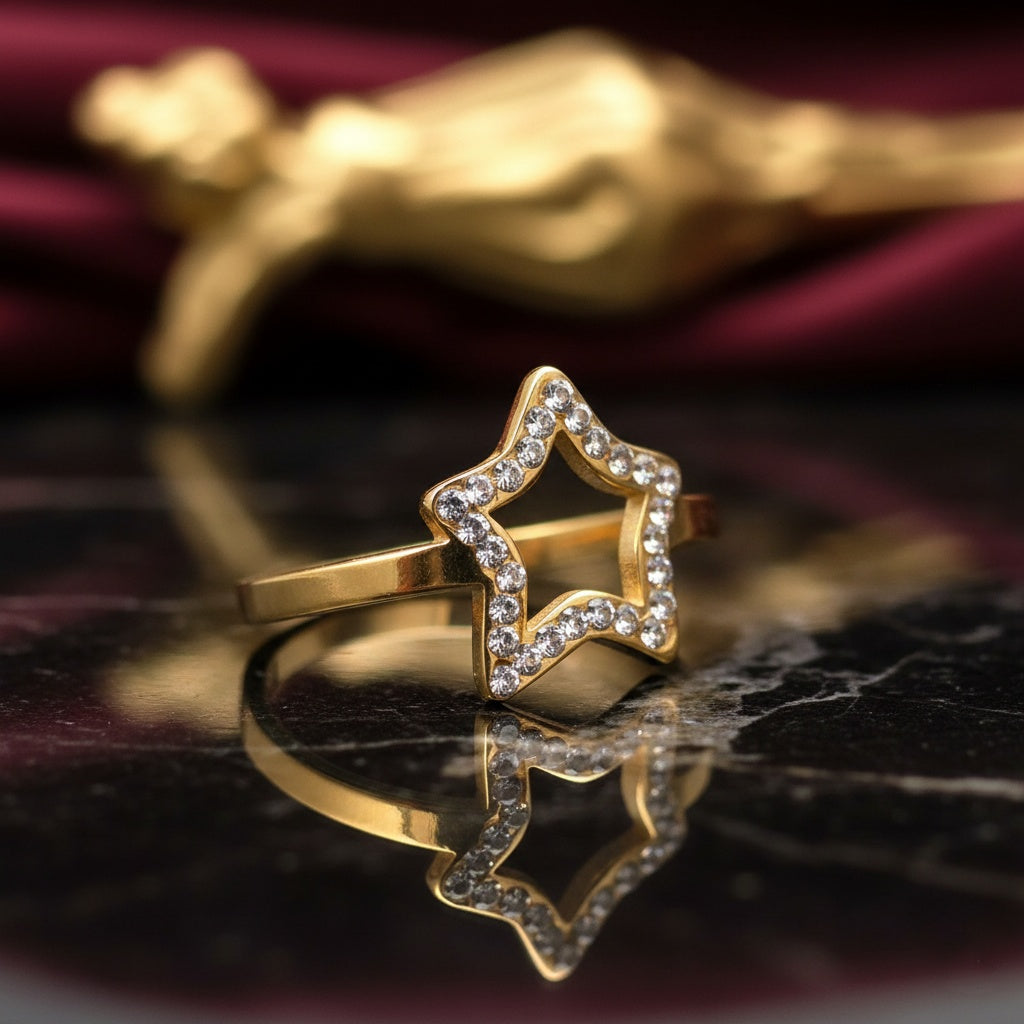 Inel stea zirconiu Oțel Inoxidabil Auriu - Hipoalergenic