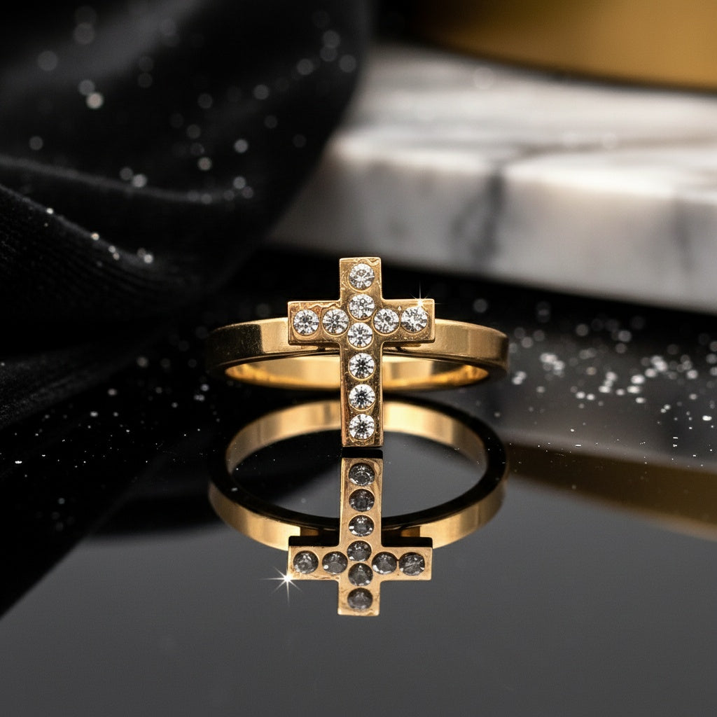 Inel Cruce zirconiu pe inel Oțel Inoxidabil Auriu - Hipoalergenic