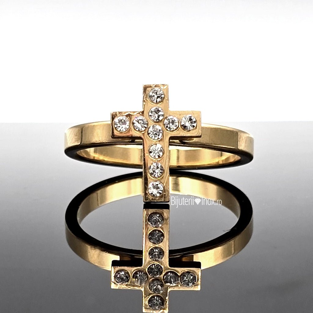 Inel Cruce zirconiu pe inel Oțel Inoxidabil Auriu - Hipoalergenic