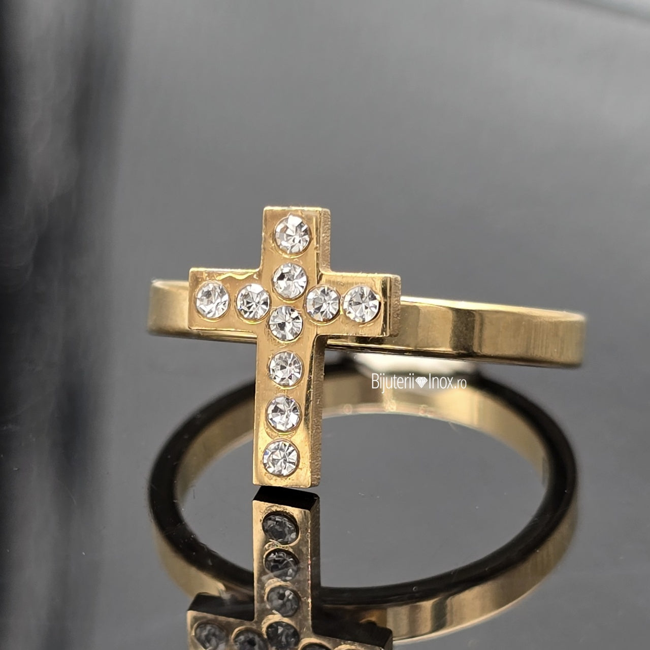 Inel Cruce zirconiu pe inel Oțel Inoxidabil Auriu - Hipoalergenic