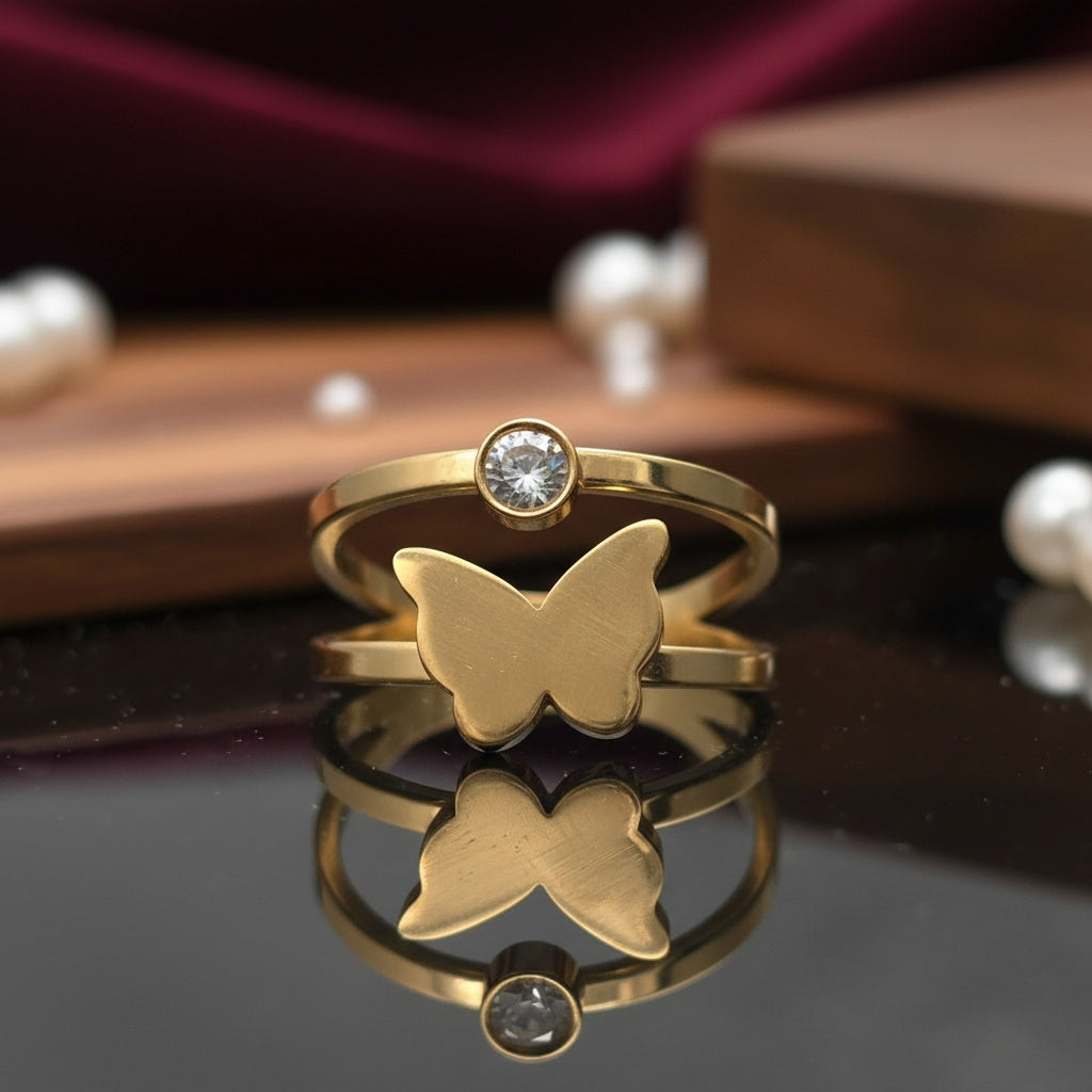 Inel Fluture, zirconiu central Oțel Inoxidabil Auriu - Hipoalergenic
