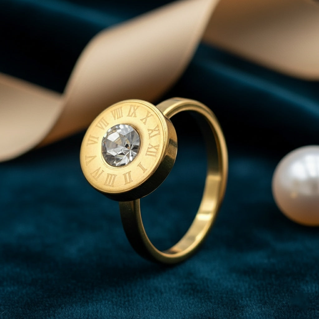 Inel Disc roman, zirconiu central Oțel Inoxidabil Auriu - Hipoalergenic