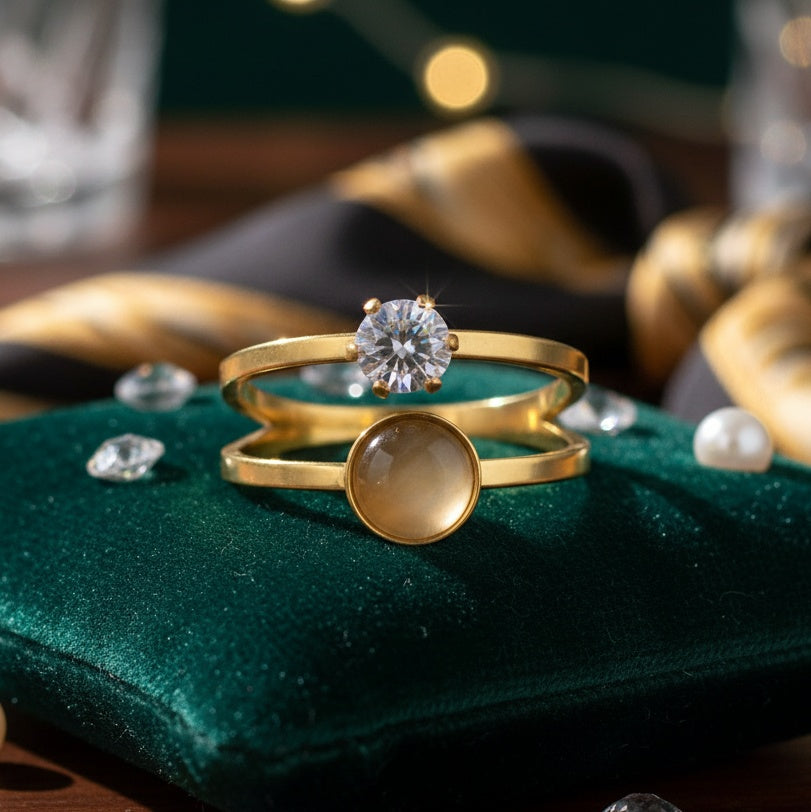 Inel dublu zirconiu rotund Oțel Inoxidabil Auriu - Hipoalergenic