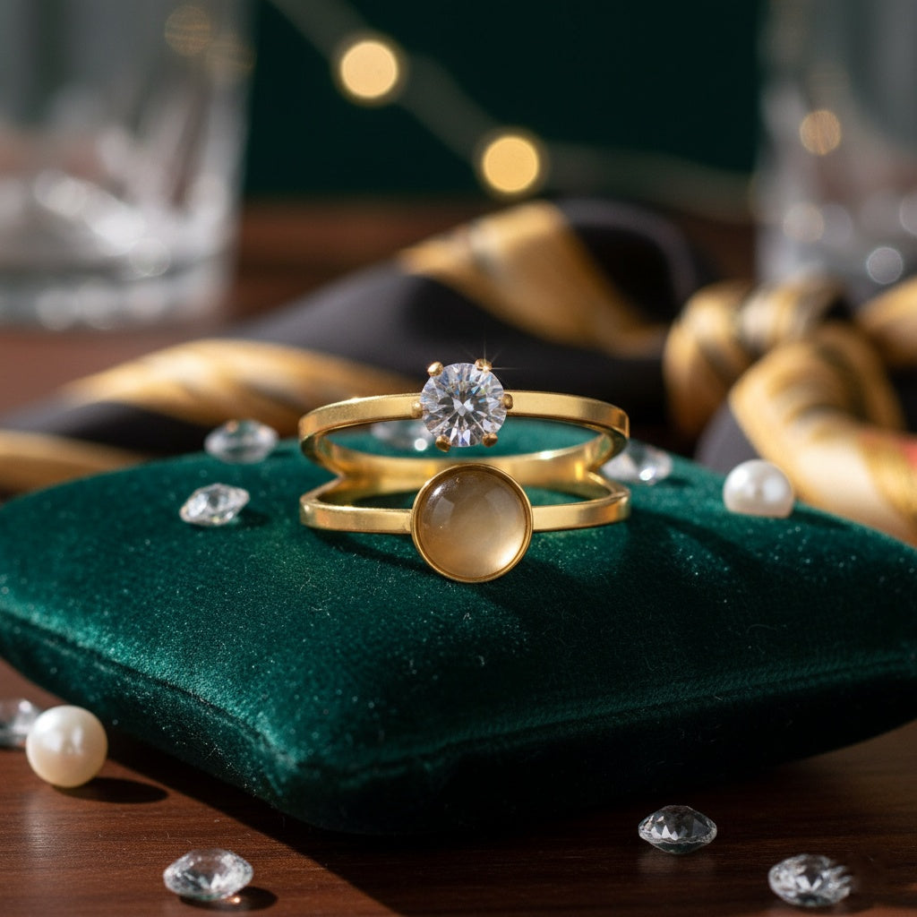 Inel dublu zirconiu rotund Oțel Inoxidabil Auriu - Hipoalergenic