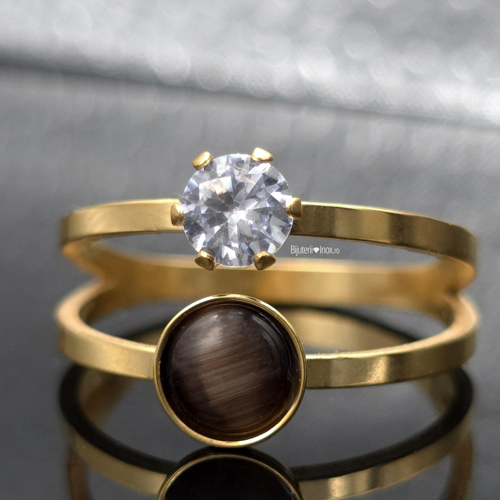 Inel dublu zirconiu Oțel Inoxidabil Auriu - Hipoalergenic