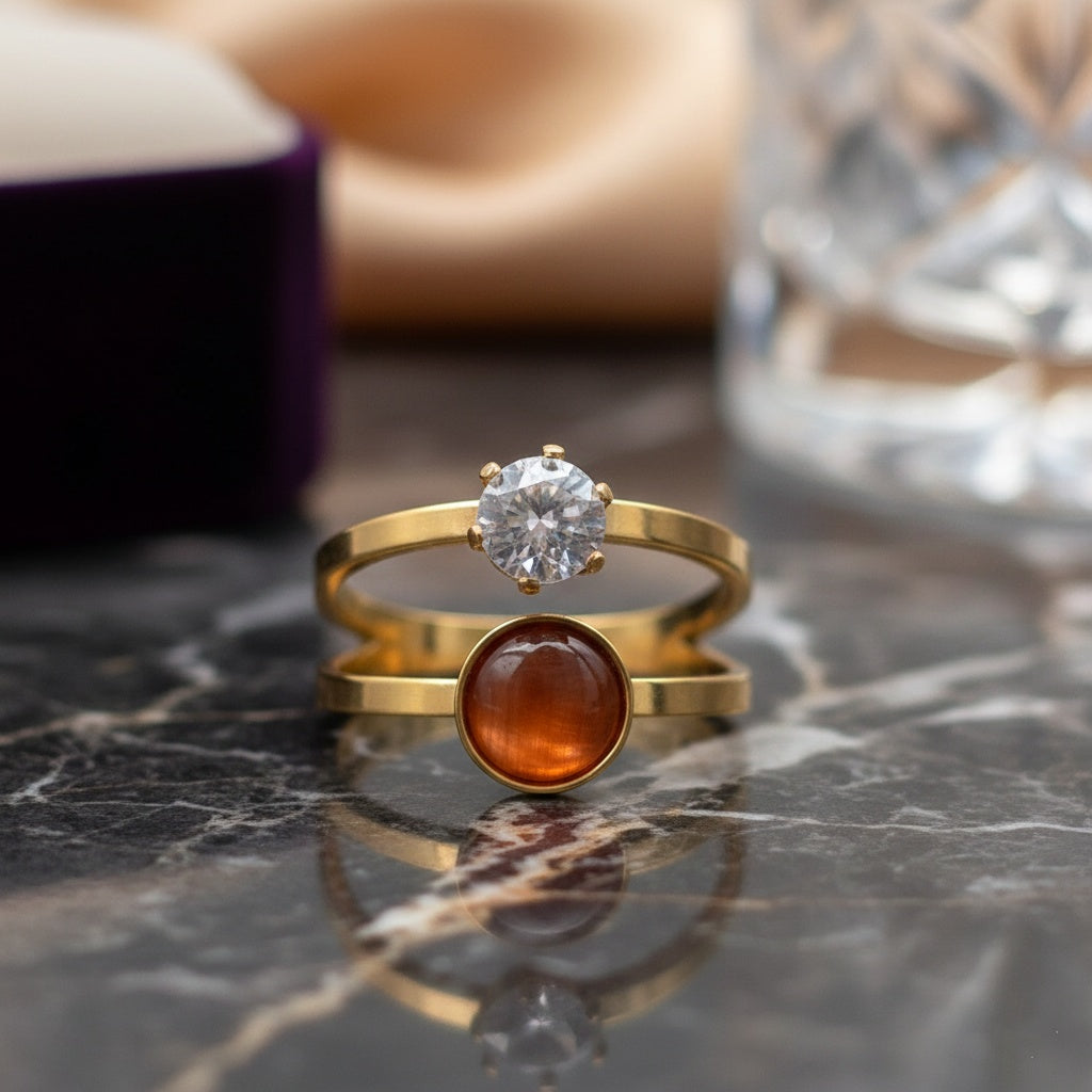 Inel dublu zirconiu rotund Oțel Inoxidabil Auriu - Hipoalergenic