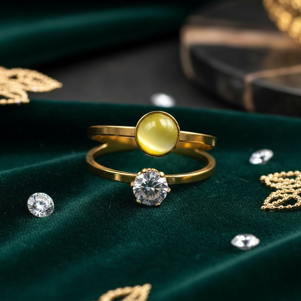 Inel dublu, zirconiu, rotund Oțel Inoxidabil Auriu - Hipoalergenic