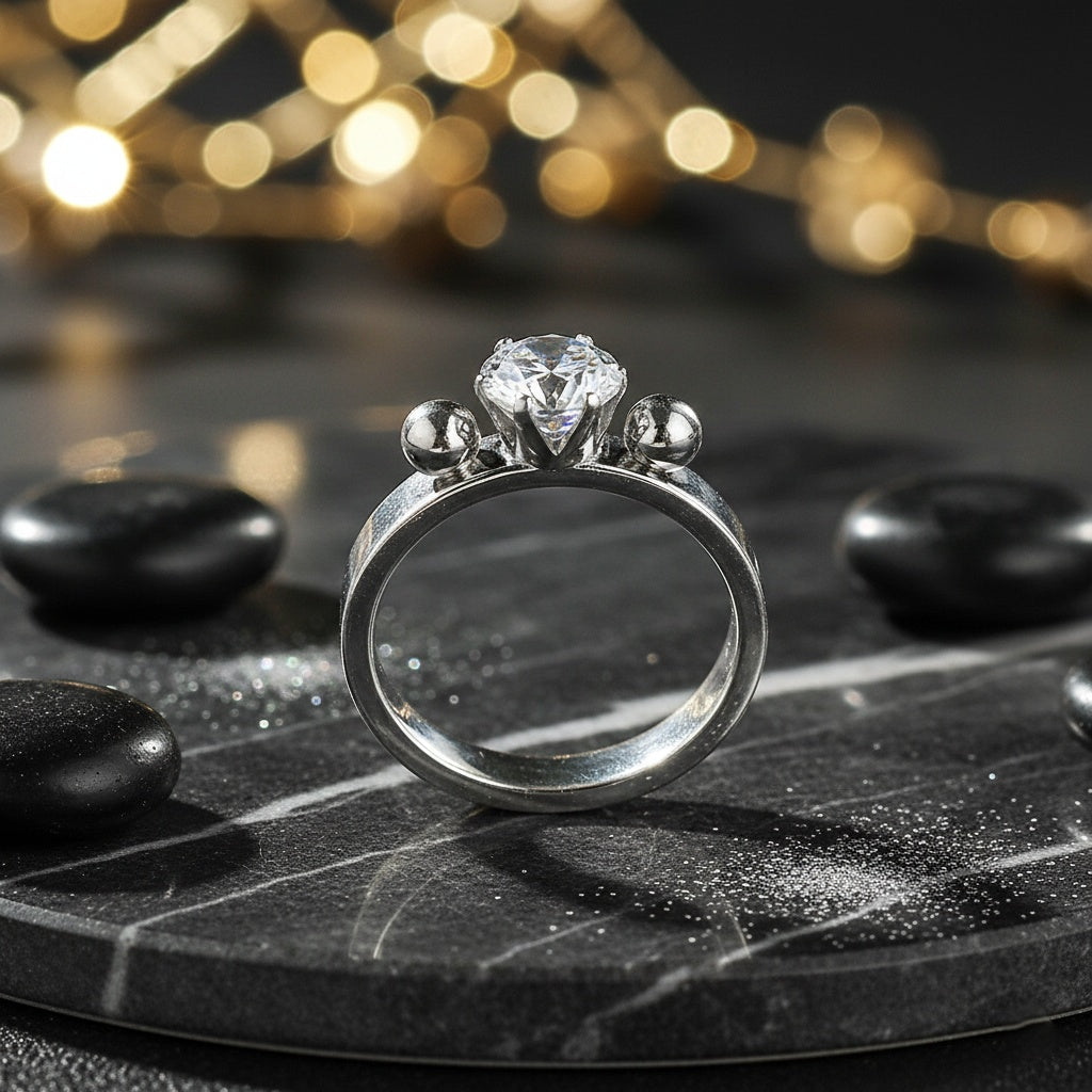 Inel cu piatră centrală și bile laterale Oțel Inoxidabil Argintiu - Hipoalergenic